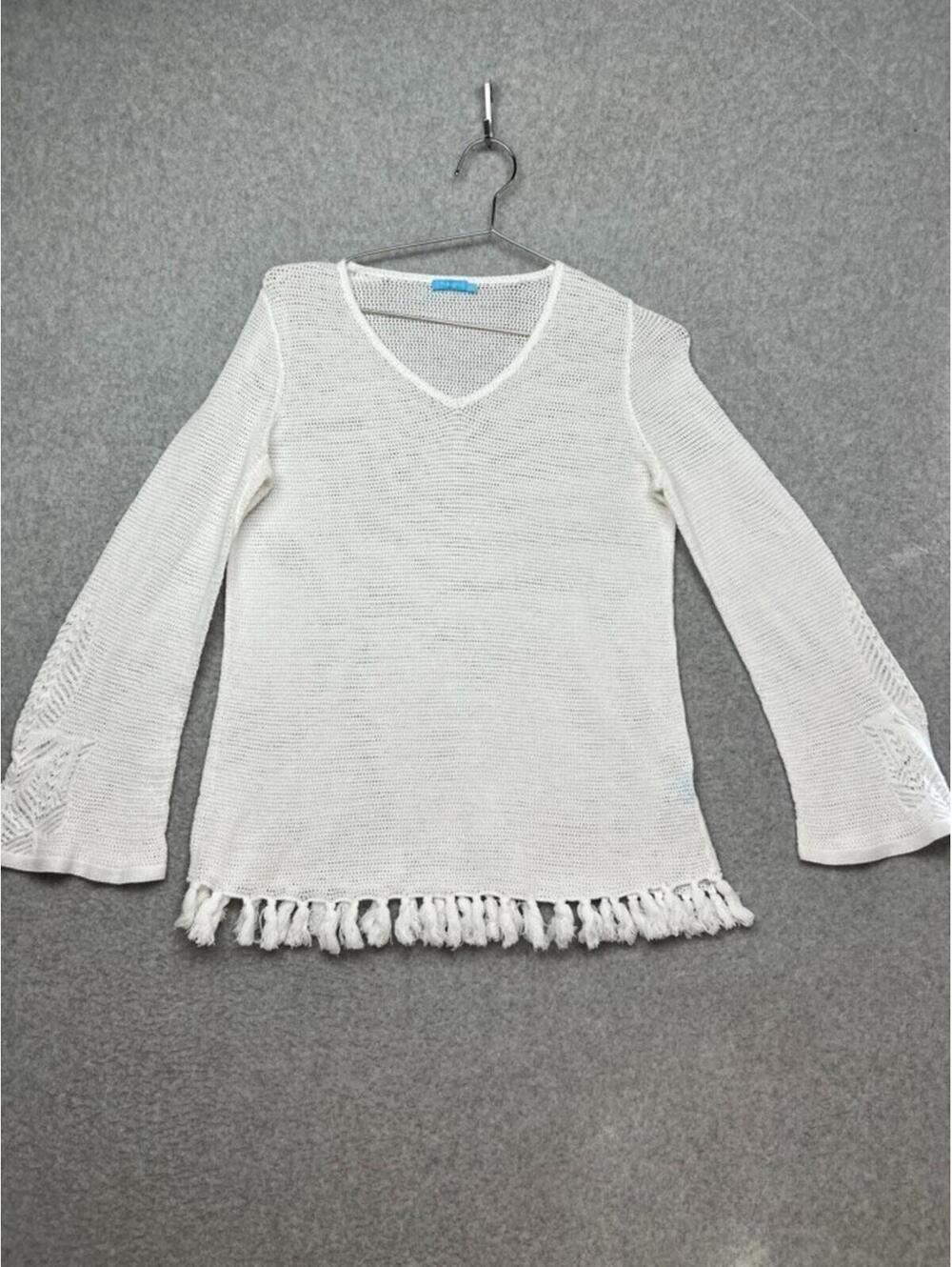 J McLaughlin White Crochet Knit Tunic Blouse M Cover Up Bell Sleeve Fringe Vaca